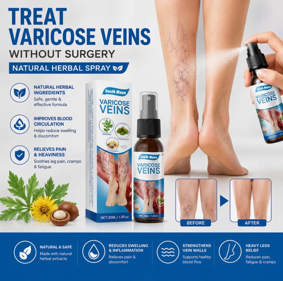 **South Moon Herbal Vein Care Spray – 30ml** 🌿✨